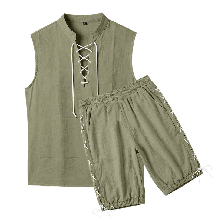Men's sleeveless leisure set with lace collar and drawstring Bermuda StylebySassy