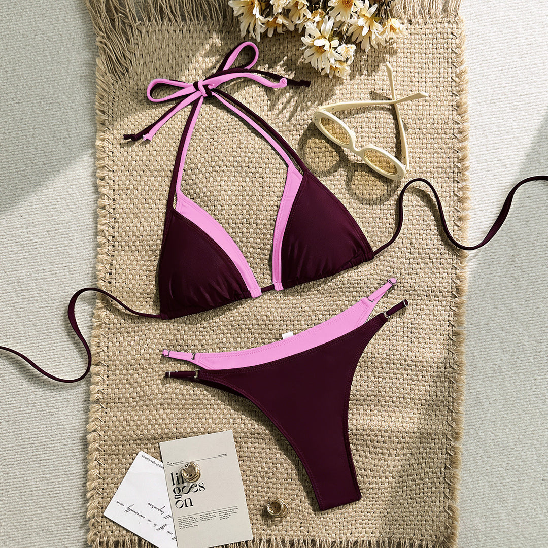 Women's triangle bikini with adjustable straps and contrasting color design StylebySassy