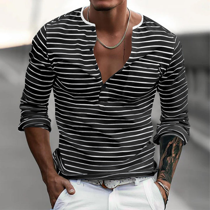 Men's striped long-sleeve shirt with short button placket, round neckline, and subtle chest pocket StylebySassy