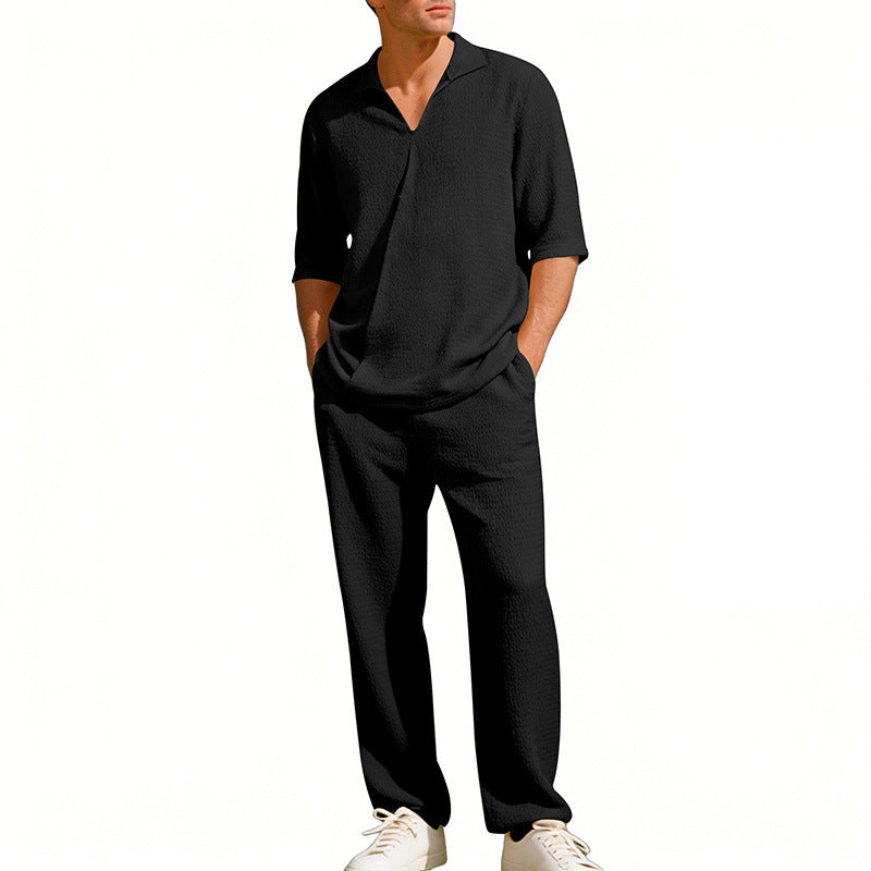 Men's crepe structure leisure set with open lapel collar and straight comfort trousers with side pockets StylebySassy