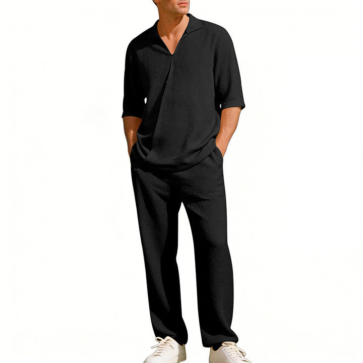 Men's crepe structure leisure set with open lapel collar and straight comfort trousers with side pockets StylebySassy
