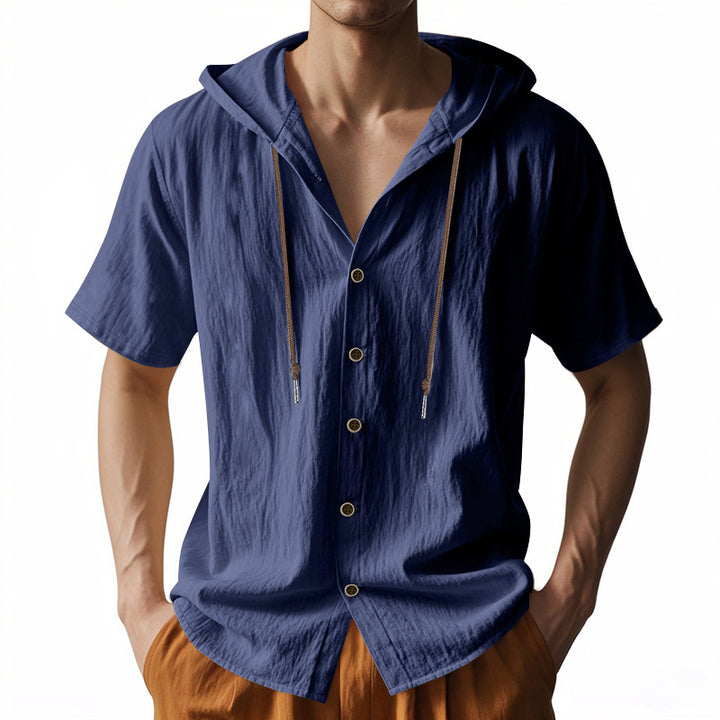 Men's lightweight short-sleeve hooded shirt with button placket and breathable cotton blend StylebySassy