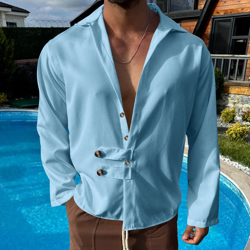 Men's modern long-sleeved shirt with deep neckline and asymmetrical strap look StylebySassy