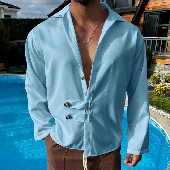 Men's modern long-sleeved shirt with deep neckline and asymmetrical strap look StylebySassy