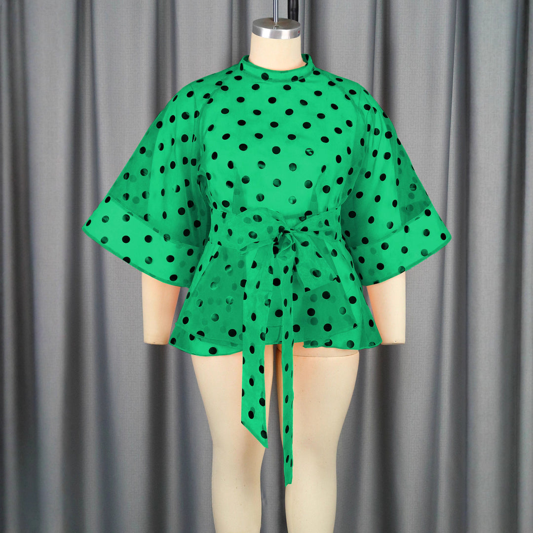 Women's chiffon blouse with transparent polka dots design and fitted tie belt StylebySassy