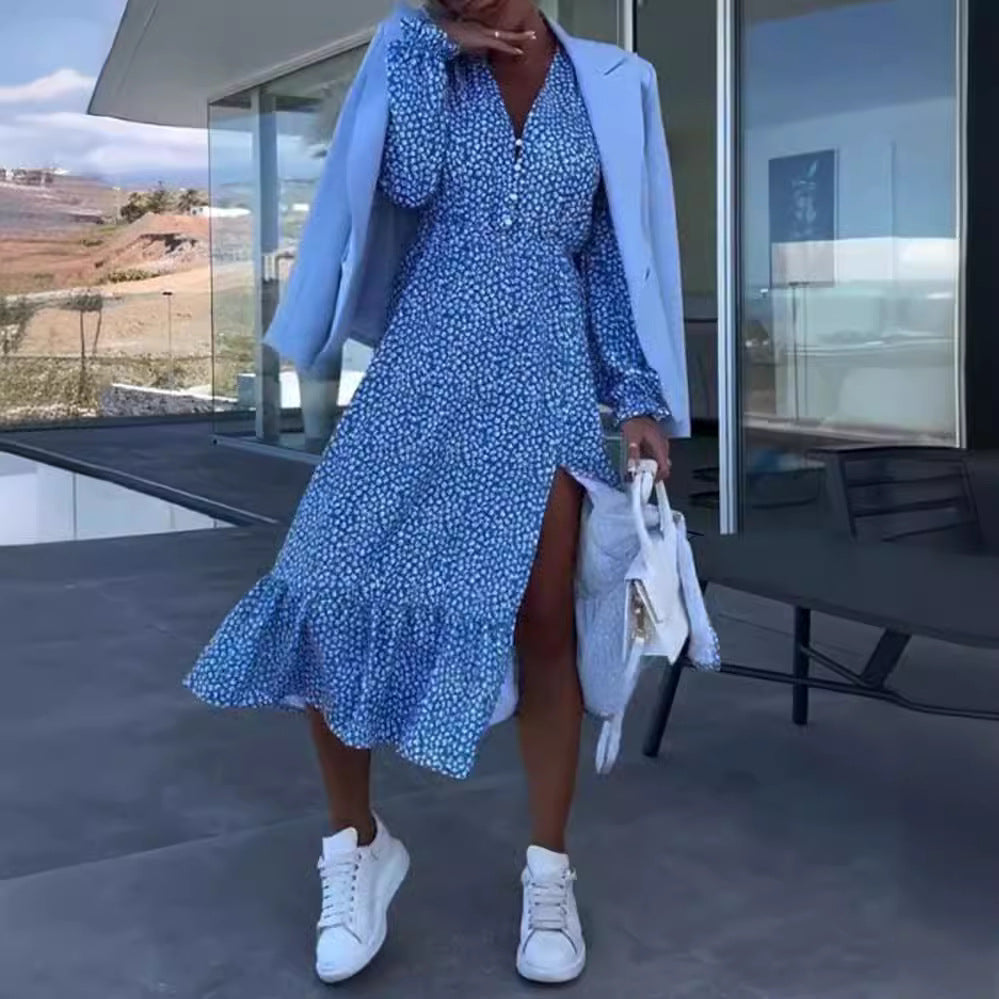 Women nan midi dress with V-neck gathered waist seam long sleeves flounce hem and side leg slit StylebySassy