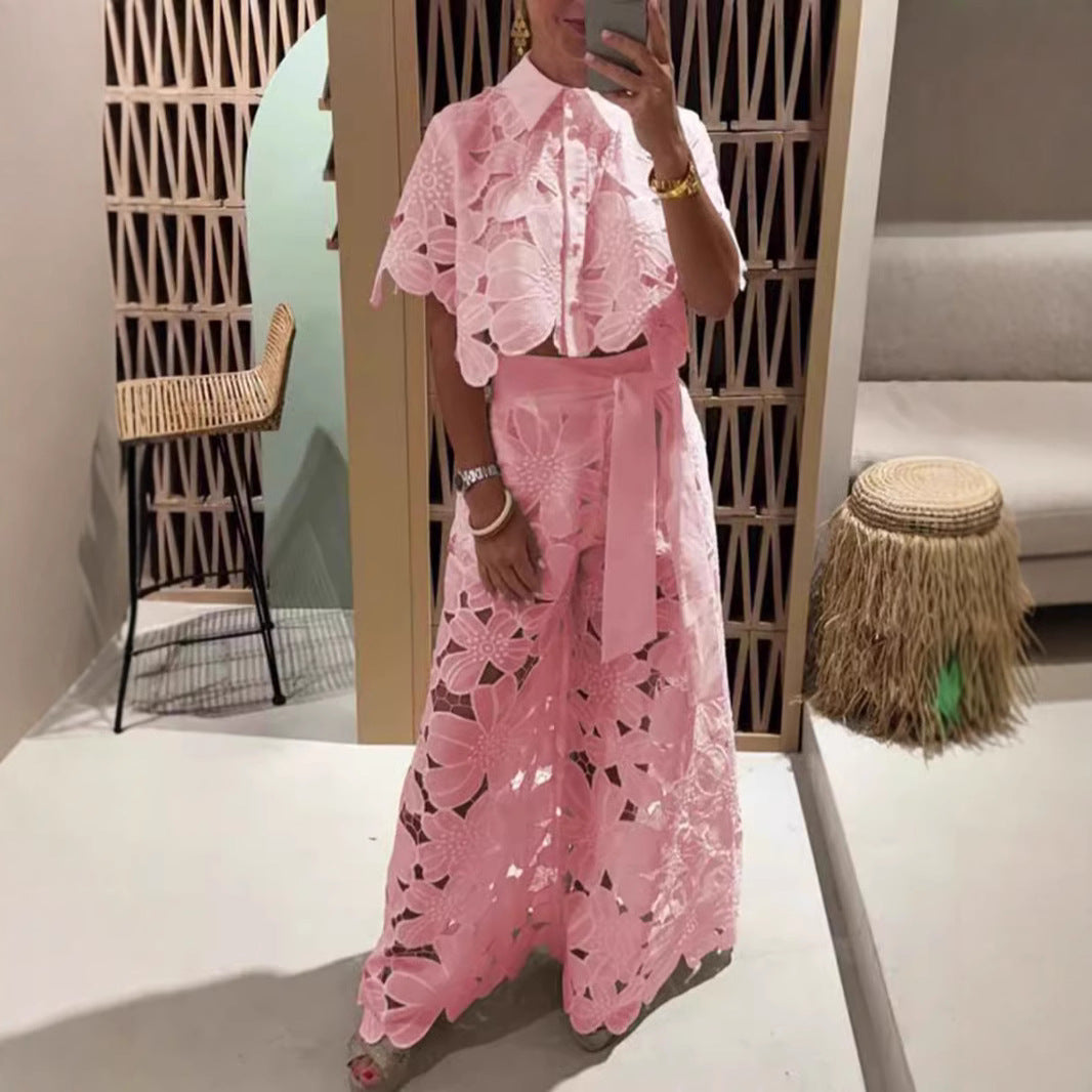 Ladies two-piece lace ensemble with crop top and wide palazzo pants StylebySassy