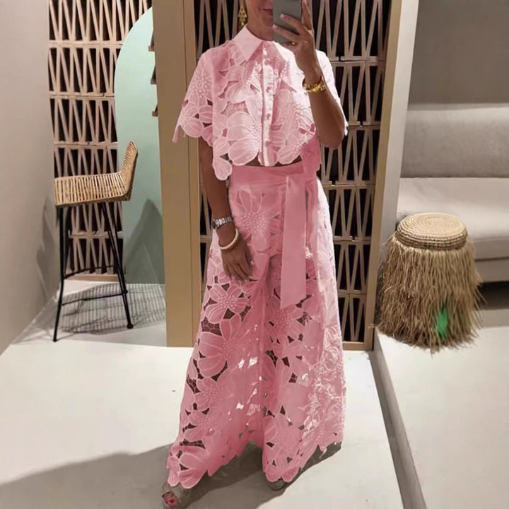 Women's two-piece lace embroidery set with short blouse and maxi skirt with tie belt StylebySassy