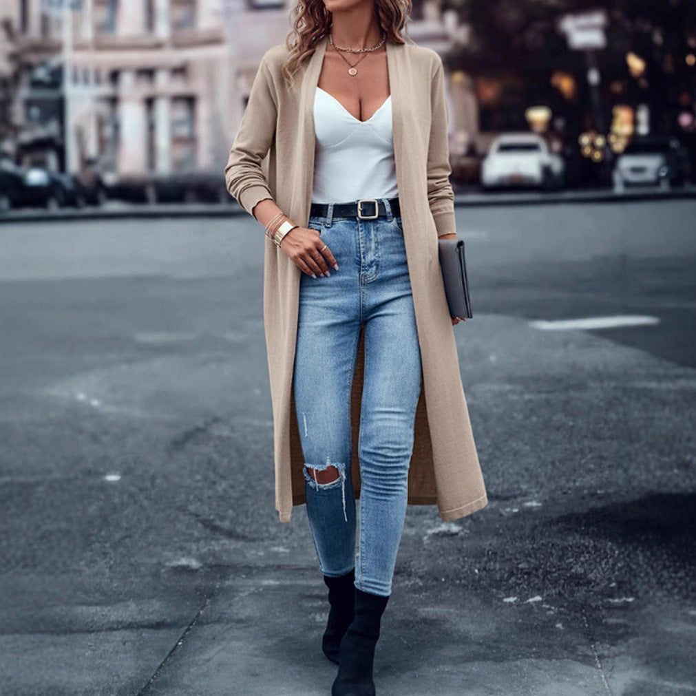 Women's long fine-knit cardigan in duster style with open fall and narrow sleeve section StylebySassy