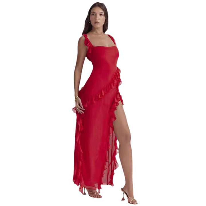 Women long evening dress with square neckline, shoulder ruffle straps, and high leg slits StylebySassy