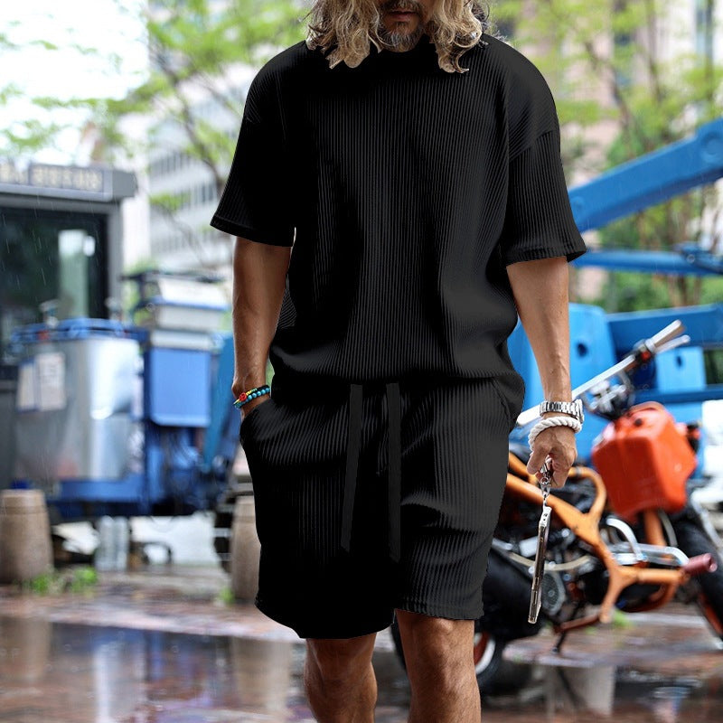 Men's casual waffle jersey set with loose top and drawstring shorts StylebySassy