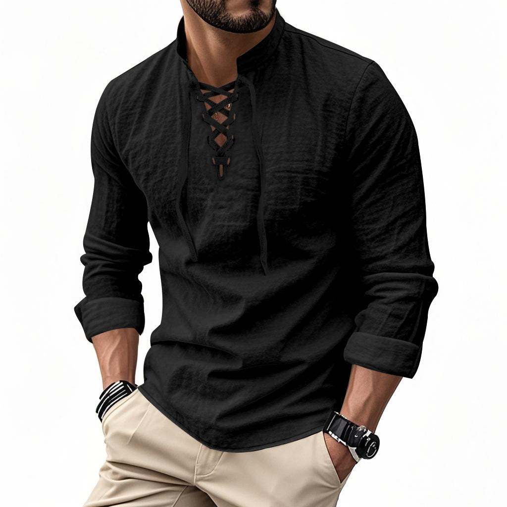 Men's casual sailor-style shirt with stand collar and lace-up front StylebySassy