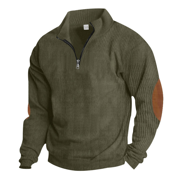 Men's knitted fine knit pullover with short zipper stand-up collar and leather-look elbow patches StylebySassy
