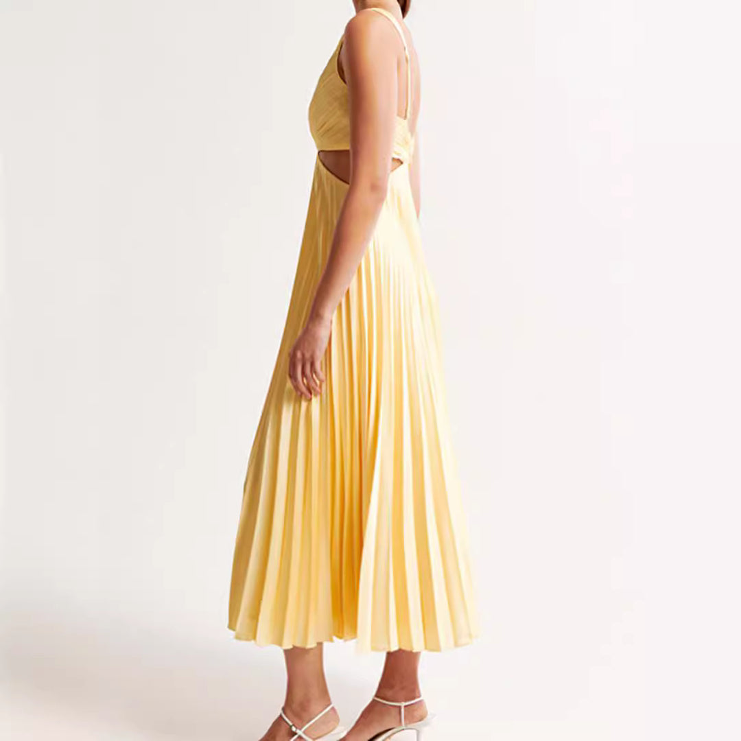 Women's pleated midi dress with twisted bustier section and side cut-outs StylebySassy