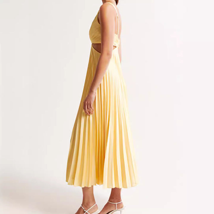 Women's pleated midi dress with twisted bustier section and side cut-outs StylebySassy