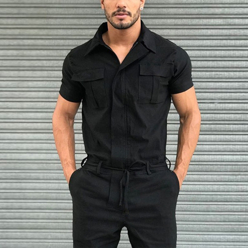 Men's short-sleeve work overall with waist belt and chest pockets StylebySassy