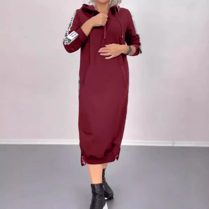 Women's ankle-length hooded sweatshirt dress with half zip, kangaroo pockets and side decorative piping StylebySassy
