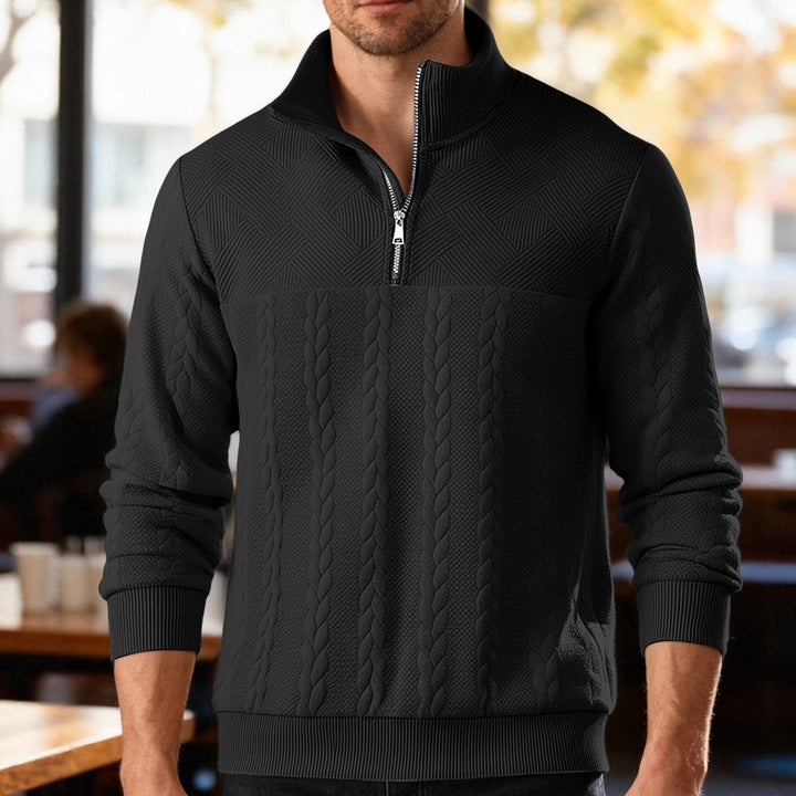 Men's textured knit sweater with half zip, braided cable pattern, and high stand-up collar StylebySassy