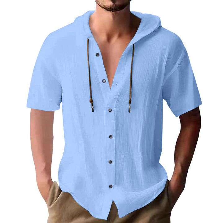 Men's lightweight short-sleeve hooded shirt with button placket and breathable cotton blend StylebySassy