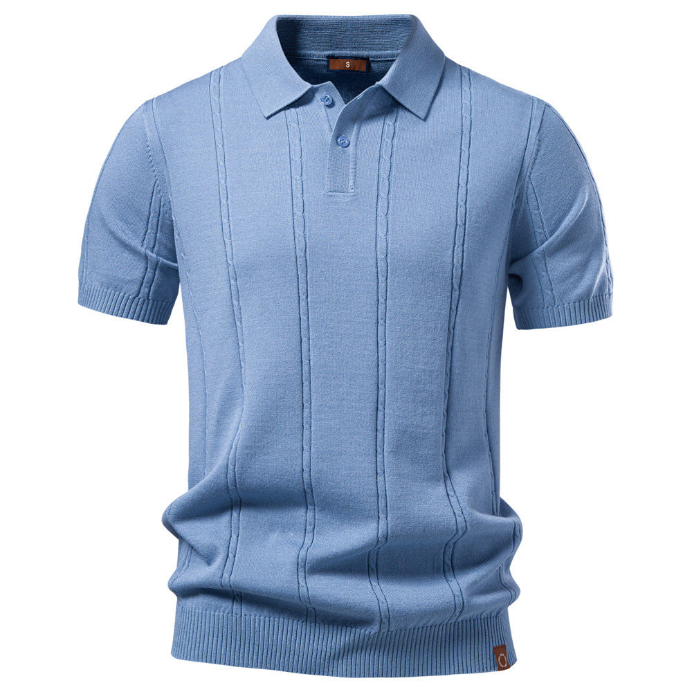 Men's short sleeve knitted polo with textured stripes, ribbed cuffs, and classic polo collar StylebySassy