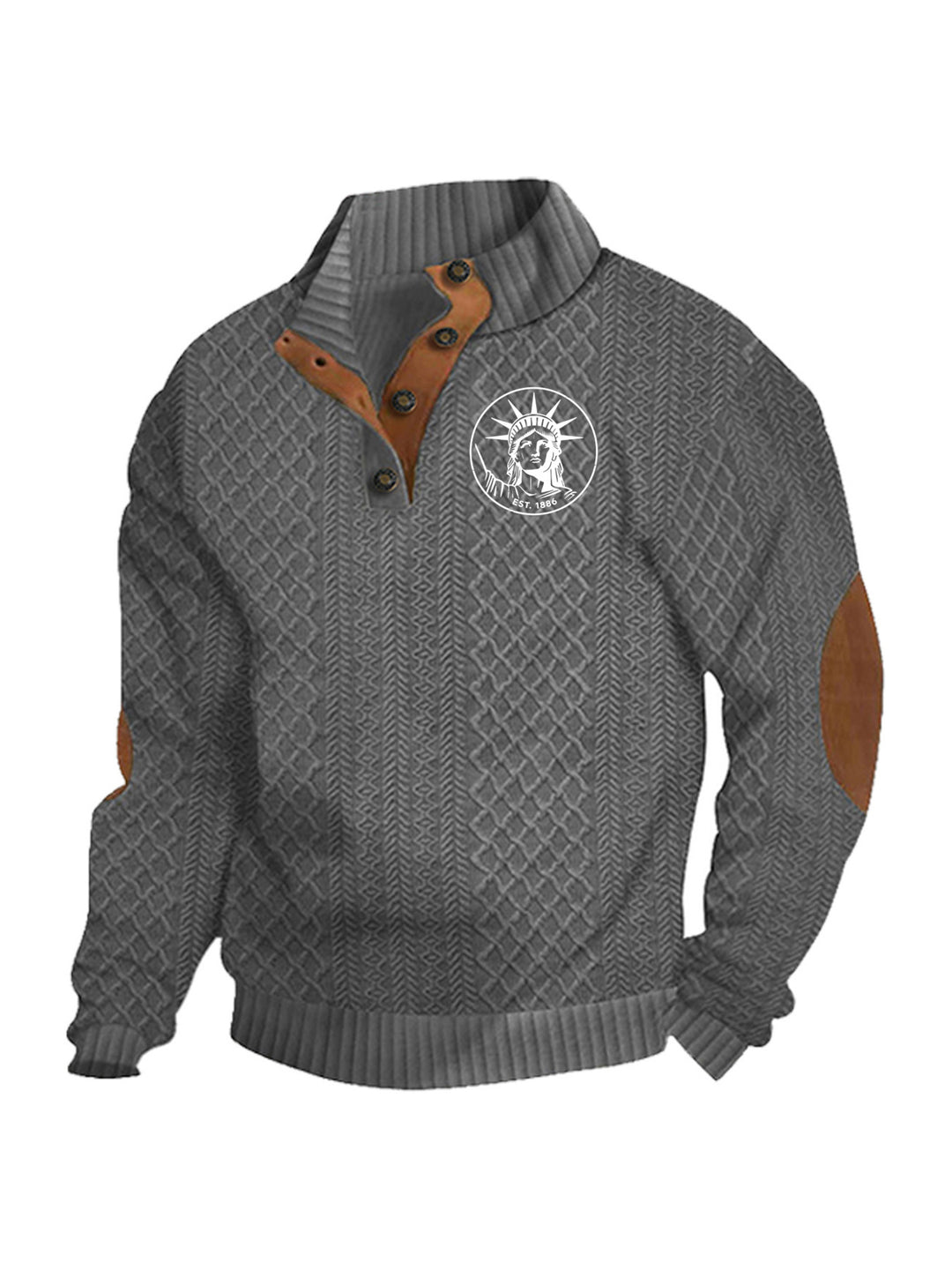 Men's nan Heritage textured pullover with stand-up collar faux leather trim elbow patches and half-button placket StylebySassy