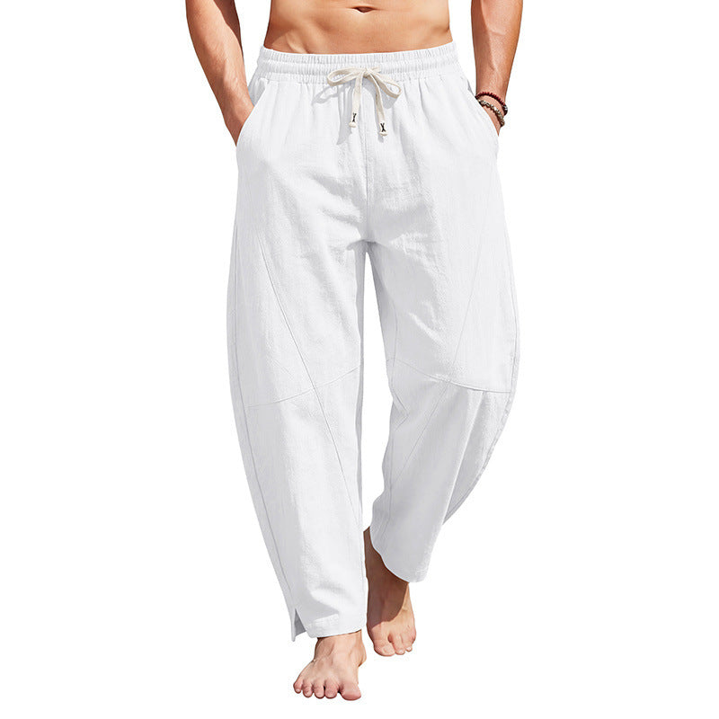 Men's airy comfort summer pants with elastic tunnel drawstring waistband, decorative seams, and side ankle slit StylebySassy