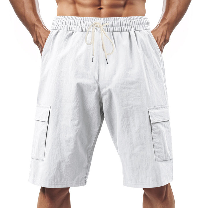 Men's technical cargo shorts with elastic drawstring waistband, secure flap pockets, and quick-drying functional material StylebySassy