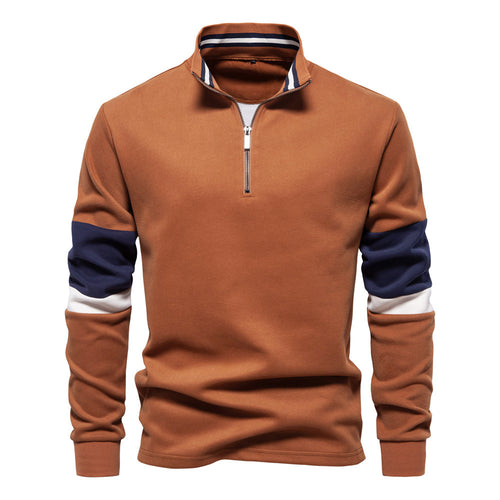 Men's half-zip pullover with stand-up collar, striped collar inner band and contrast sleeves StylebySassy