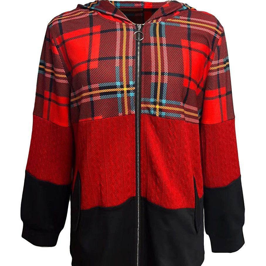 Women's long patchwork-style hooded jacket with check and knit inserts, front zipper and side pockets StylebySassy