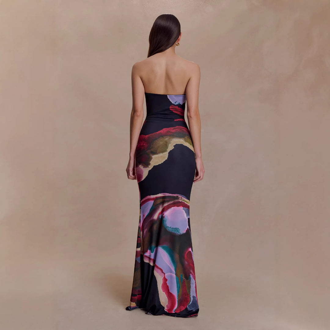 Women's Strapless Maxi Dress with Flowing Fabric and Artistic Print StylebySassy
