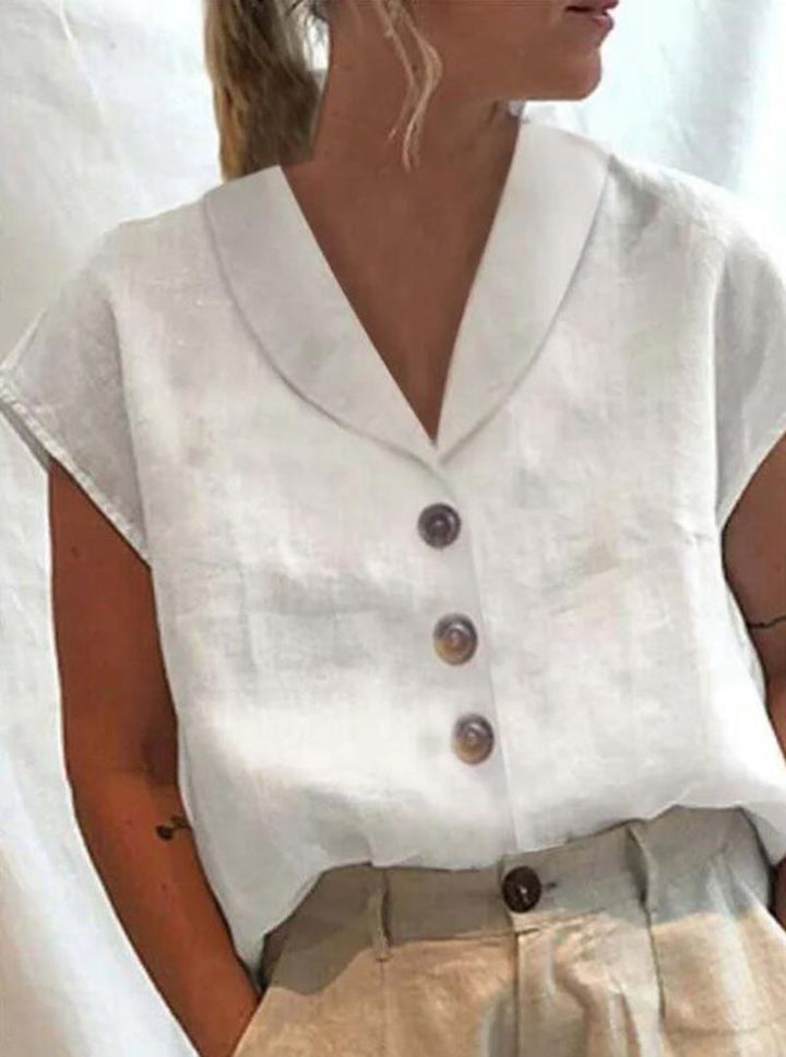 Women's casual linen blouse top with notched collar and wood button placket StylebySassy