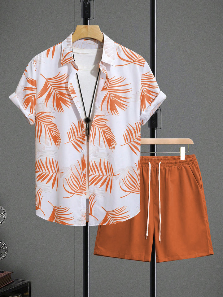 Men's vacation set with short-sleeved lapel shirt in palm print and elastic drawstring bermuda StylebySassy