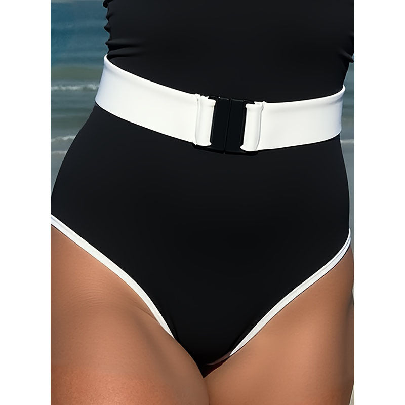 Women's One-Piece Swimsuit with Modern V-Neck and Emphasized Waist Belt StylebySassy