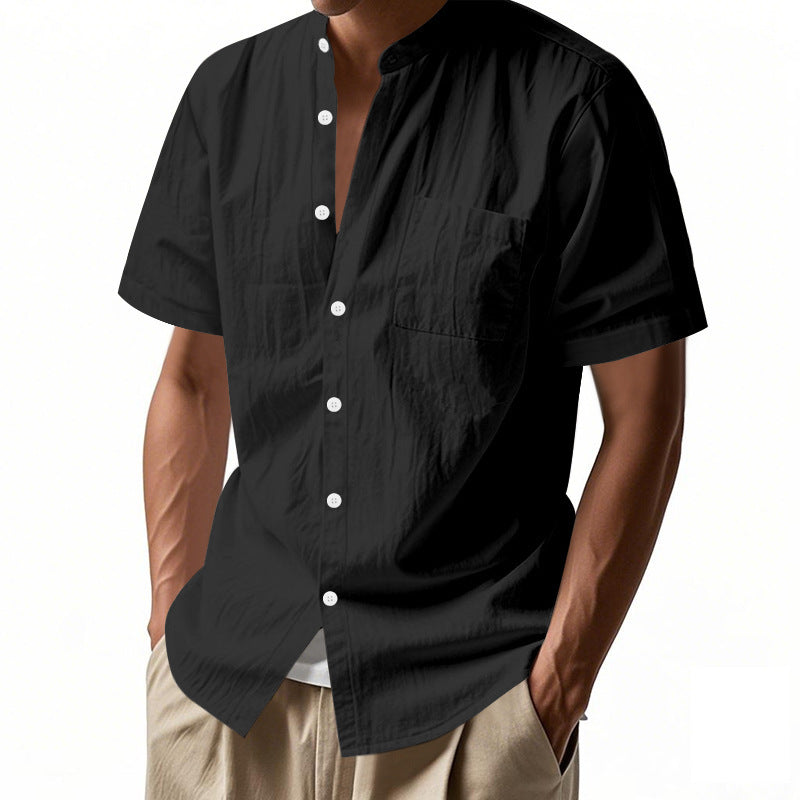 Men's nan legeres short-sleeve linen blend shirt with stand-up collar, chest pocket, and continuous button placket StylebySassy