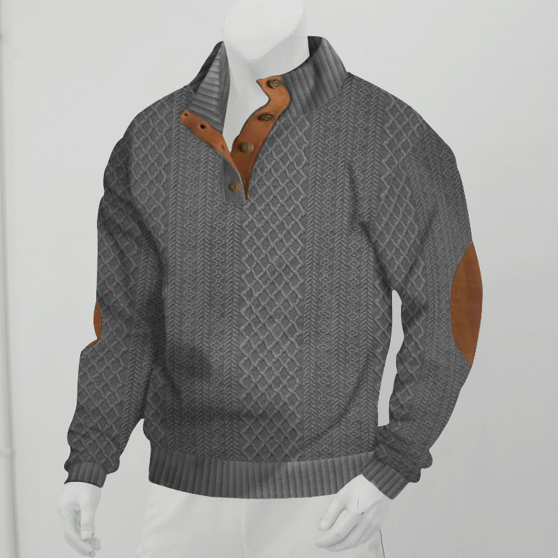 Men's cable knit turtleneck with stand-up collar, half button placket, and contrasting leather applications StylebySassy
