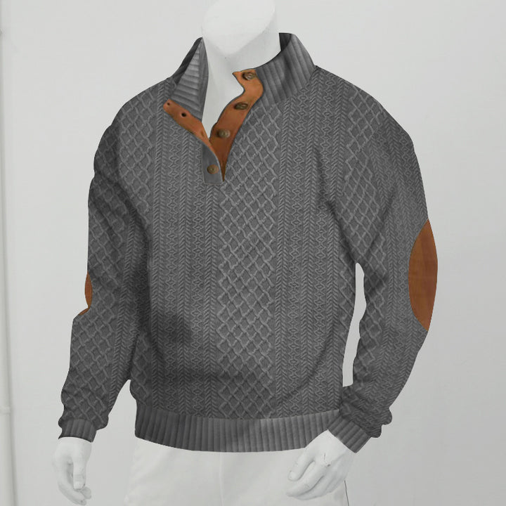 Men's cable knit turtleneck with stand-up collar, half button placket, and contrasting leather applications StylebySassy