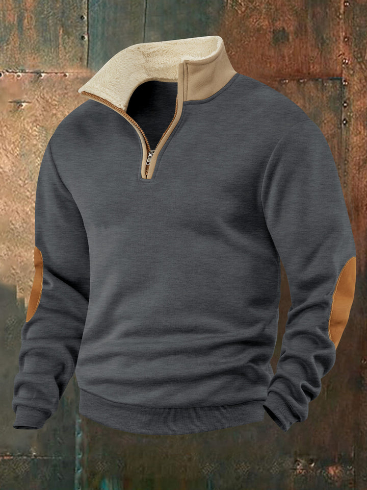 Men Nan Fleece Half-Zip Pullover with Sherpa Collar and Elbow Patches StylebySassy