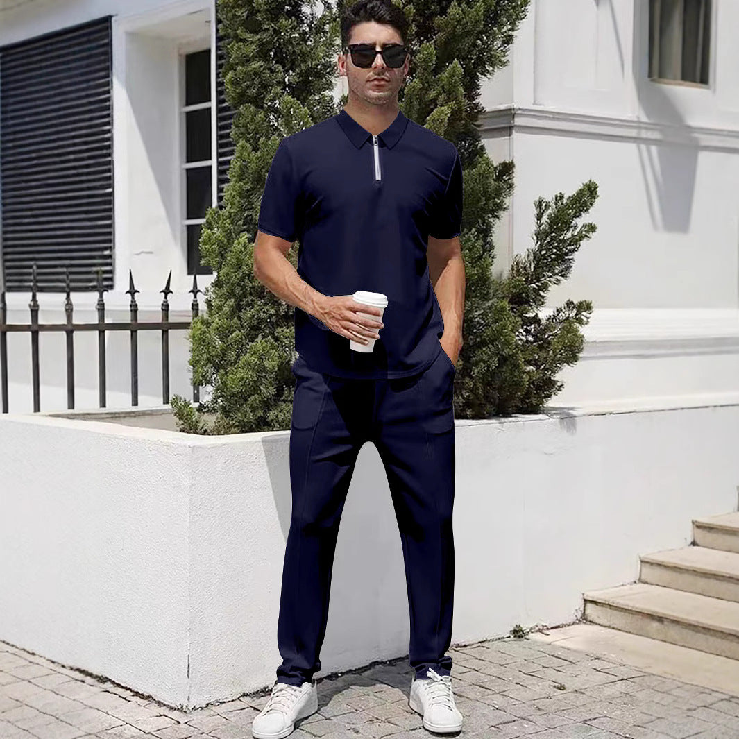 Men's urban travel polo shirt with short front zipper, elastic interlock and wrinkle-free care StylebySassy