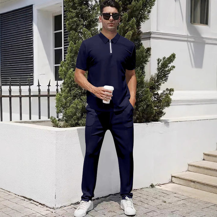 Men's urban travel polo shirt with short front zipper, elastic interlock and wrinkle-free care StylebySassy