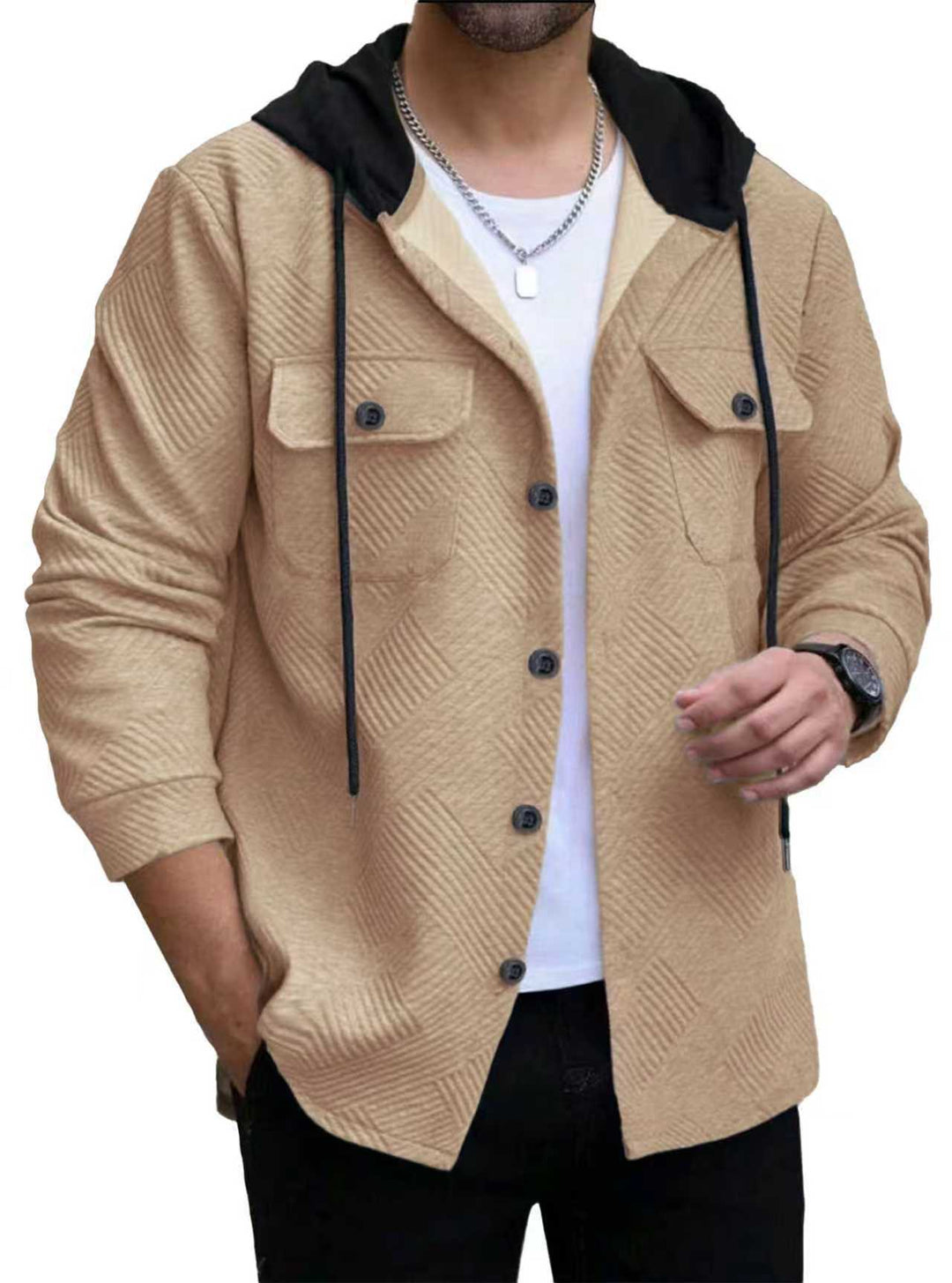 Men's structured overshirt jacket with quilted diagonal structure, contrast hood, and patch chest flaps StylebySassy