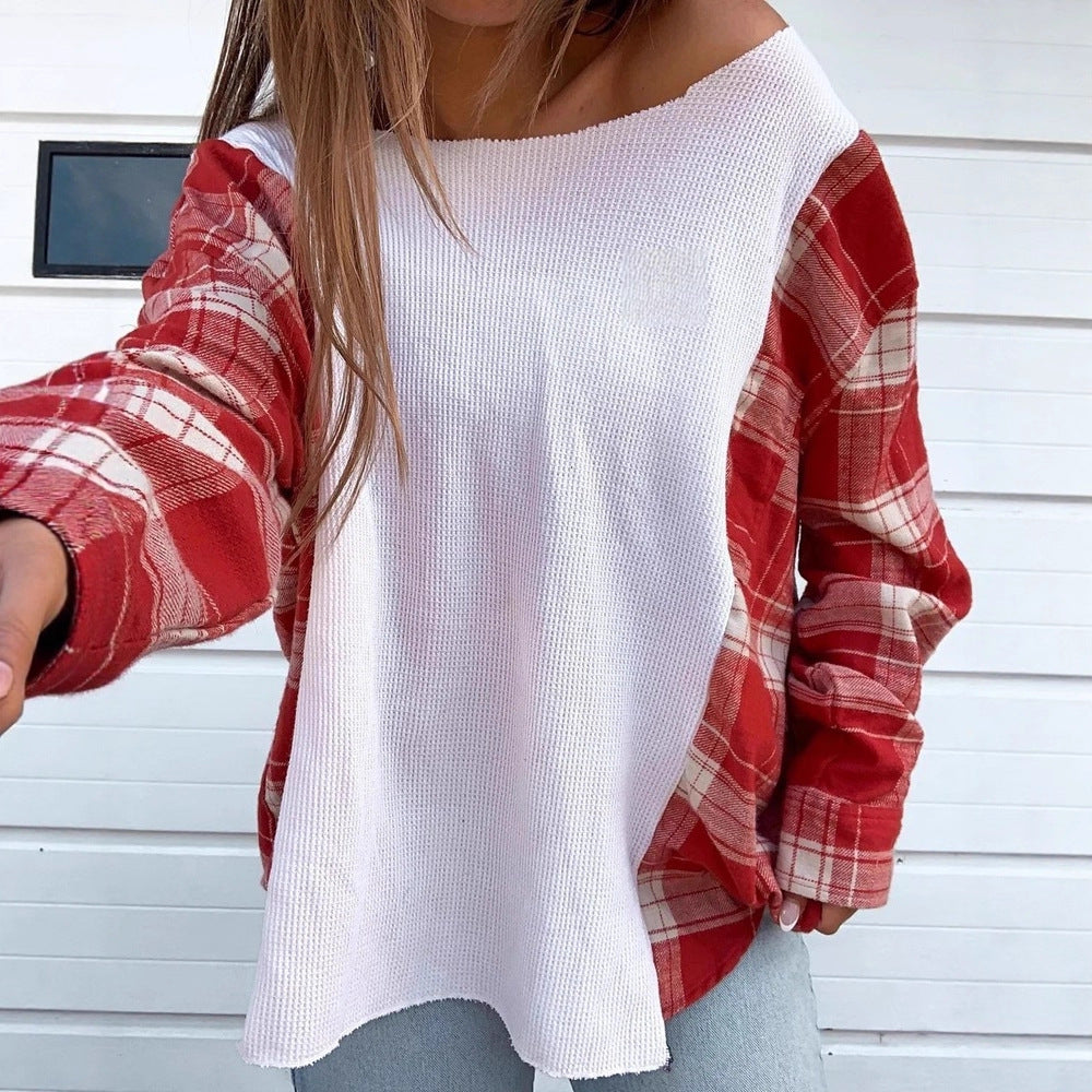 Women's oversized long-sleeve shirt in mixed material with textured waffle knit front and checkered sleeve section StylebySassy