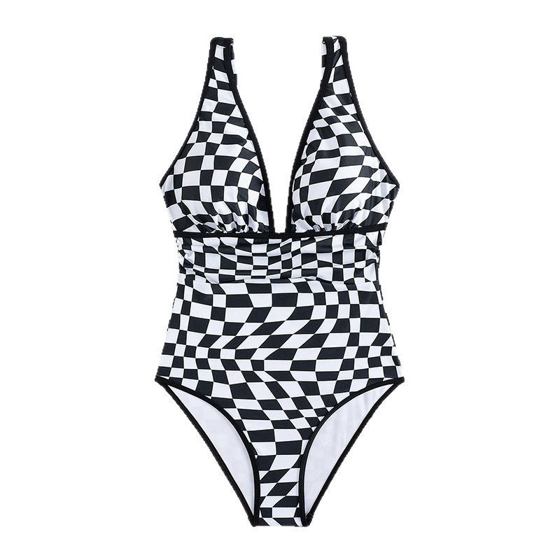 Women's one-piece swimsuit with creative checkered pattern StylebySassy