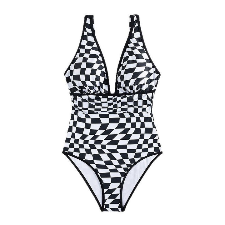 Women's one-piece swimsuit with creative checkered pattern StylebySassy