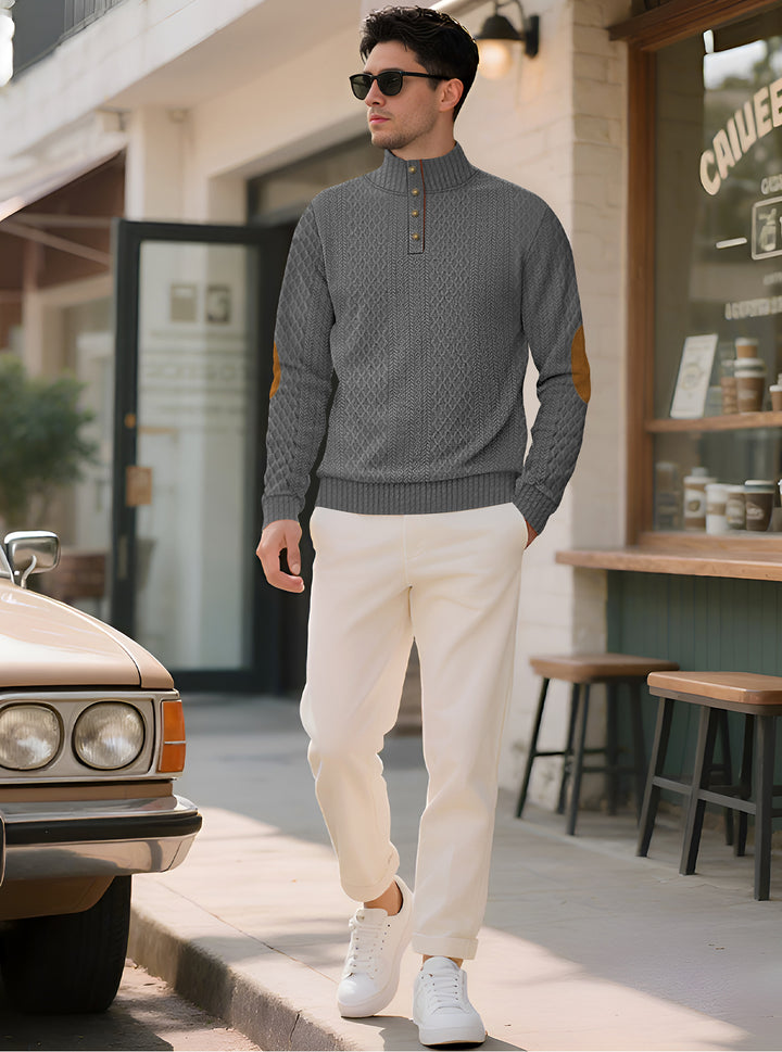 Men's noble button sweater in cable pattern with high stand-up collar and suede elbow patches StylebySassy
