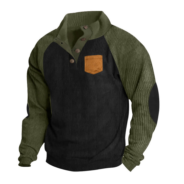 Men's structured half-button knit pullover in cord look with raglan sleeves, front chest pocket, and elbow patches StylebySassy