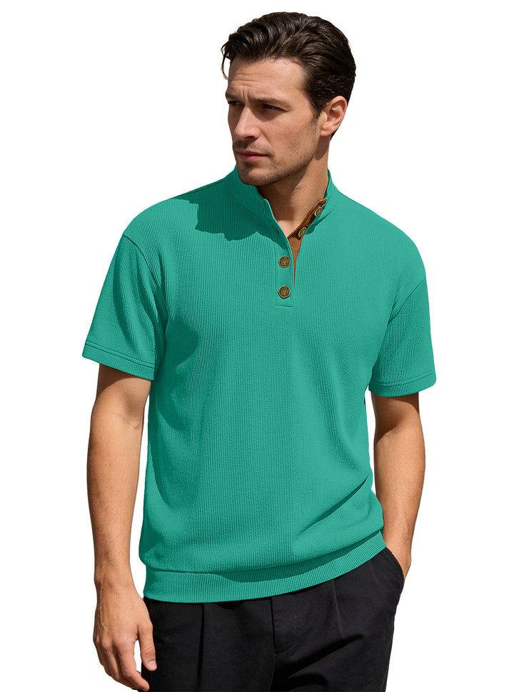 Men's Waffle Structure Short Sleeve Henley with Stand-Up Collar and Decorative Button Placket StylebySassy
