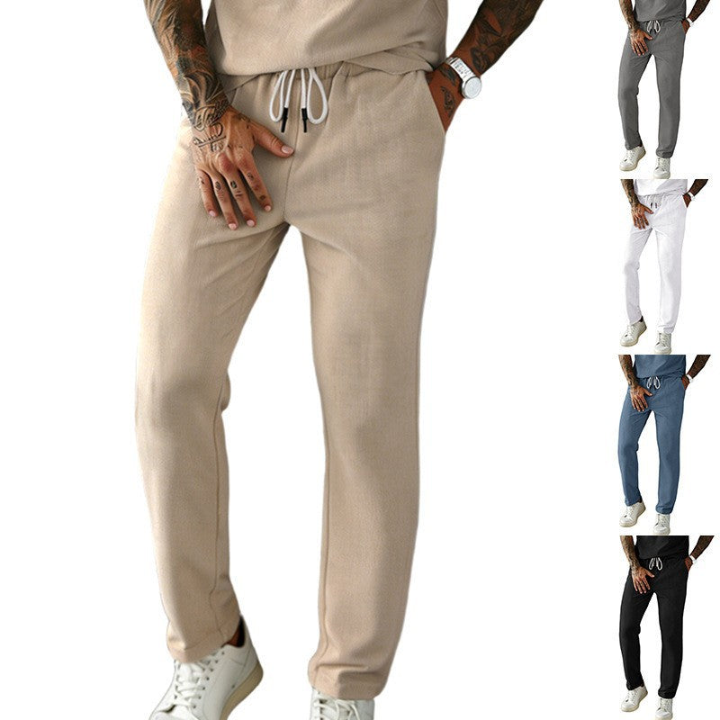 Men's narrow-cut comfort pants with elastic waistband, drawstring, and fine ribbed structure StylebySassy