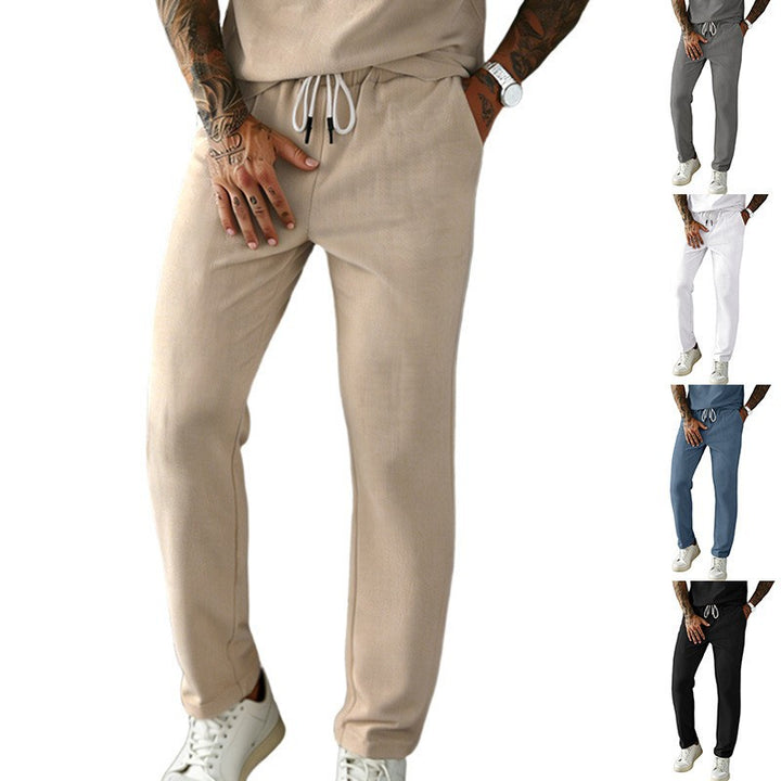 Men's narrow-cut comfort pants with elastic waistband, drawstring, and fine ribbed structure StylebySassy