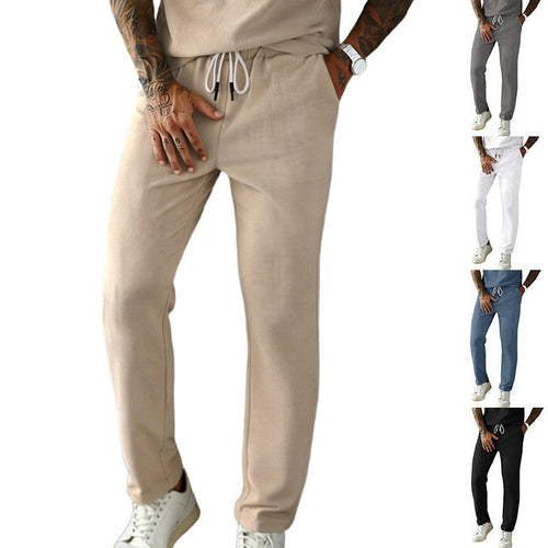 Men's narrow-cut comfort pants with elastic waistband, drawstring, and fine ribbed structure StylebySassy