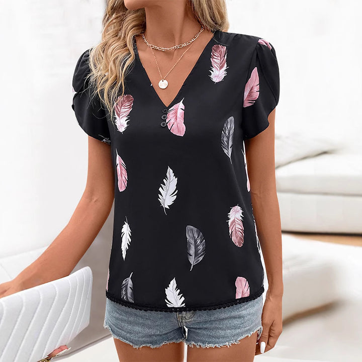 Women's airy V-neck blouse with feather print, decorative button placket and lace edge StylebySassy